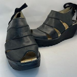 Fly London Yown black wedge strappy sandal tie back comfortable US 9-9.5/EU 40